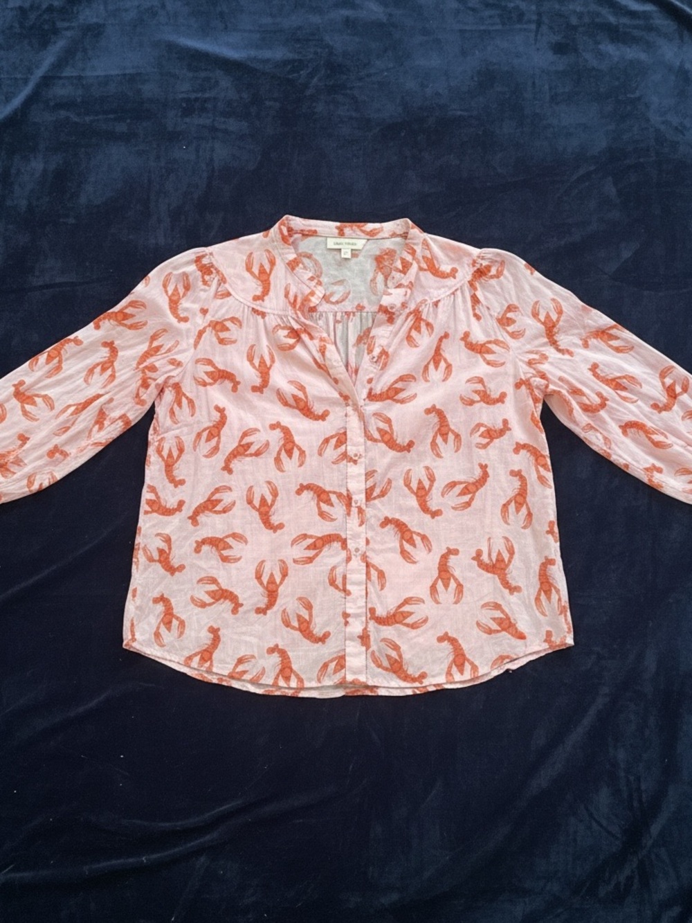 Anthropologie Maeve Lobster Print Blouse 1X Coastal Button Down collarless - Picture 5 of 8
